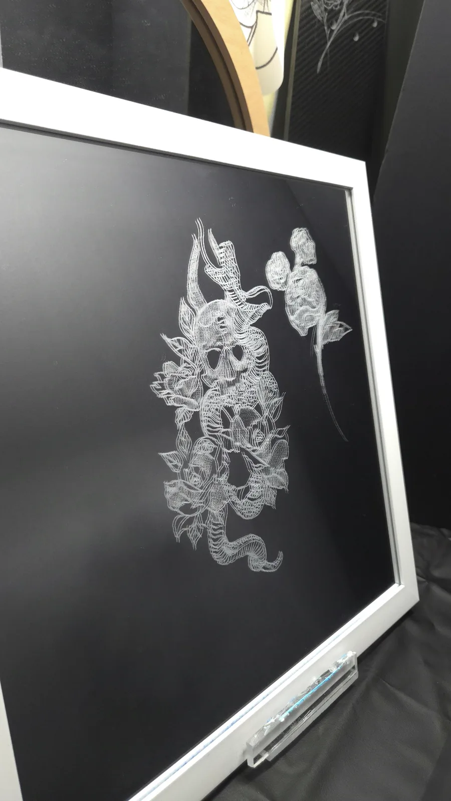 Hand-etched gothic decor mirror with skull, horns and snake